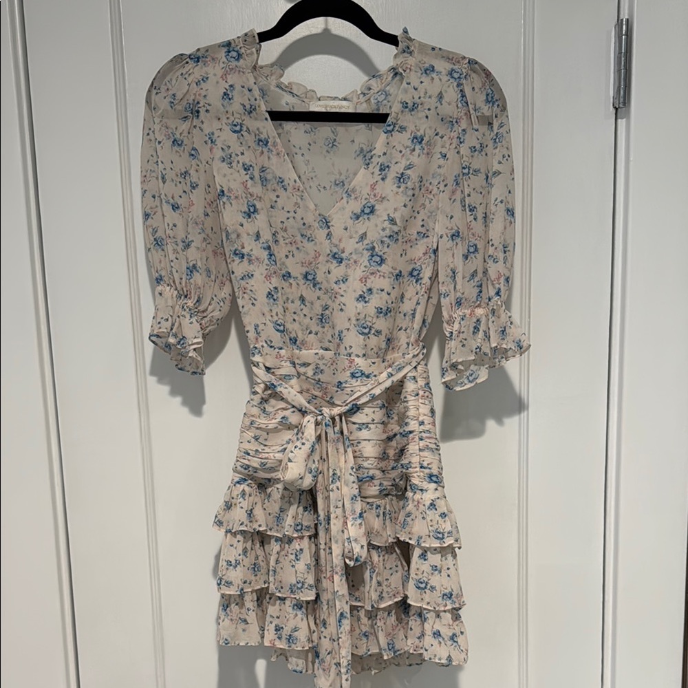 LoveShackFancy Floral Mini Dress in Cream and Blue